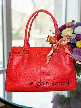 Bueno Red Ostrich Embossed Satchel Handbag with Scarf Accent